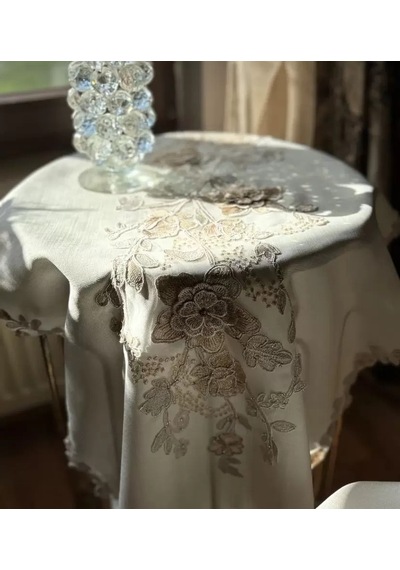 Salon Takımı 5 Parça Nakış İşlemeli Masa Örtüsü Runner Seti Çeyizlik Simella Model No 1010 Krem-kapi Çok Renkli