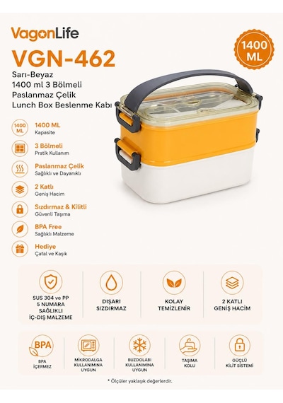 Vagonlife Vgn-462 Sarı-beyaz 1400 Ml 3 Bölmeli Paslanmaz Çelik Lunch Box Beslenme Kabı Çok Renkli