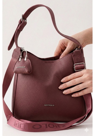 Just Polo Just & Polo Kadın Siyah Omuz Çantası - Mini Cüzdanlı Geniş Logolu Askılı Hobo Model 7023 Bordo