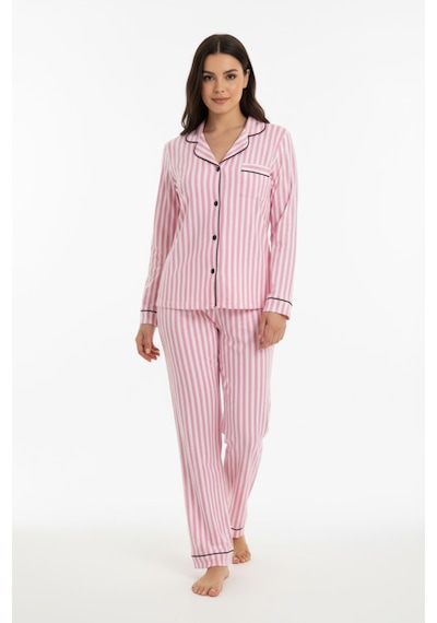 Luxury Soft Pembe Çizgili Uzun Kollu Kadın Pijama Takımı 3052 Pembe