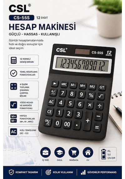 Hesap Makinesi Siyah 12.5x17 Cm 1 Adet Csl Cs-55s 12 Haneli Orta Boy Ofis Büro Masaüstü Hesap Makinası