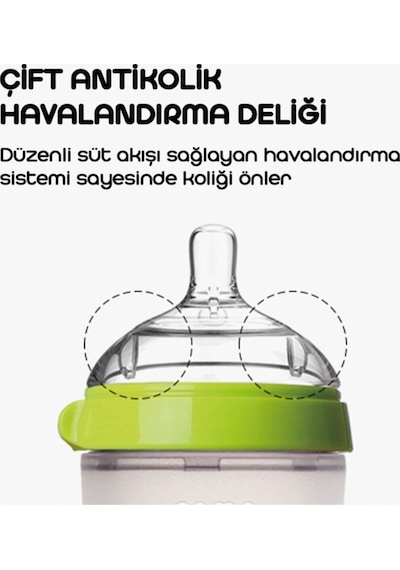 Antikolik Silikon Biberon 2'li 250 ML Yeşil - Pembe