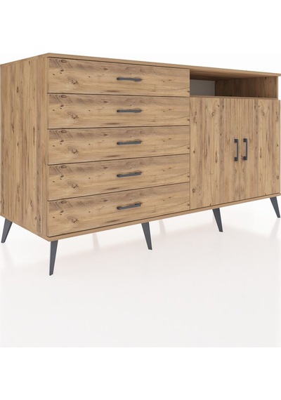 Kronos Konsol 2 Raflı 5 Çekmeceli 2 Kapaklı 176x59x99 Çam-çam Çam-çam