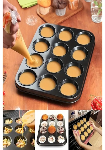 Paslanmaz Yapışmaz Çelik 12'li Muffin Kek Kalıbı 26x 38 Cm Cupcake Kalıbı 1. Sınıf Malzeme Kek Kalıp Siyah