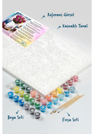 Sayılarla Boyama Seti 40 x 50 CM Tuval Şasesine Gerili Beyaz Vazodaki Kırmızı Laleler