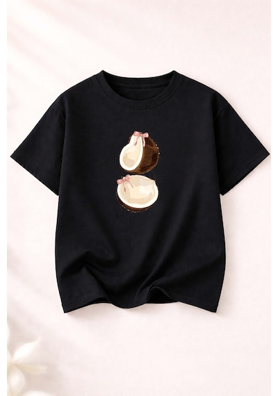 Herkesemoda Coconat Baskı Detaylı Kadın Bisiklet Yaka Pamuklu T-shirt Siyah