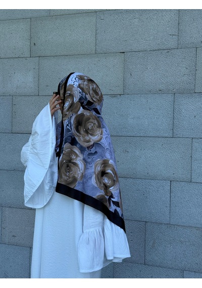 Qalortex Scarf Pamuklu Rose Desen Şal- Siyah/gri Siyah-Gri