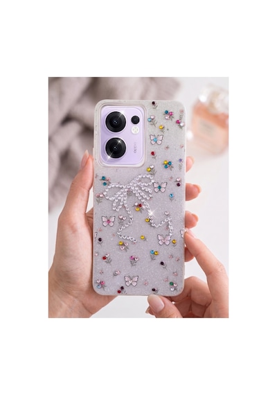 Oppo Reno 13f Taşlı Desenli Fiyonk Silikon Kılıf Gri