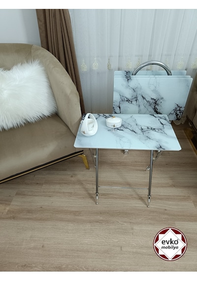 Evko Mobilya Çanta Zigon Sehpa, 4'lü Sehpa Zigon Sehpa, Servis Sehpası, Camlı Sehpa, Katlanır Sehpa