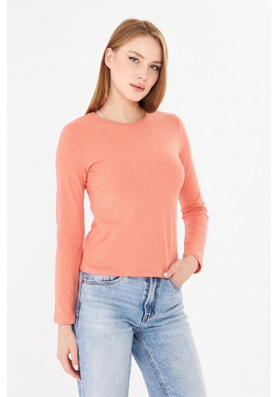 Sortie Collection Bisiklet Yaka Pamuklu Uzun Kollu Basic Penye Tişört Bluz Pudra