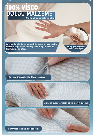 Nox Ice Serinletici Kılıflı Visco Soğuk Boyun Destekli Ortopedik Visco Yastık - Rahat Uyku Ve Güzellik Yastığı 64x38x12,5 Cm Mavi