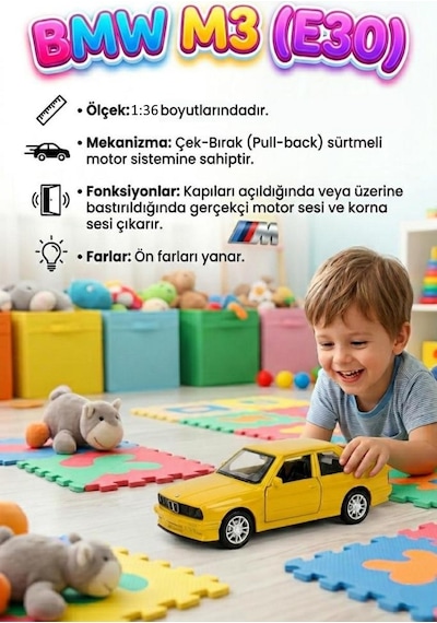 Bmw M3 E30 Işıklı Sesli 1:36 Ölçekli Metal Çek-bırak Mekanizmalı Kapıları Açılabilir Oyuncak Araba Sarı