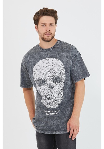 Erkek Parça Boya Baskılı Oversize Basic T-shirt Antrasit