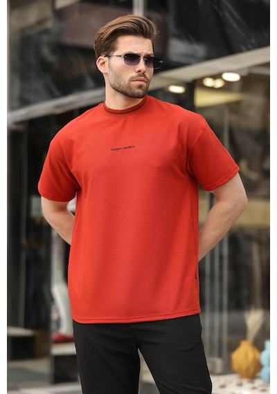 Madmext Kiremit Nakış Detaylı Basic Erkek T-shirt E7106 Kiremit