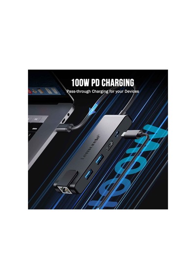 Lemorele Tc24, 5 İn 1 Çoğaltıcı Hub - 1x Rj45 İnternet 2x Usb 3.0 4k Hdmı Ve Type-c Pd Şarj Girişli Çoklayıcı