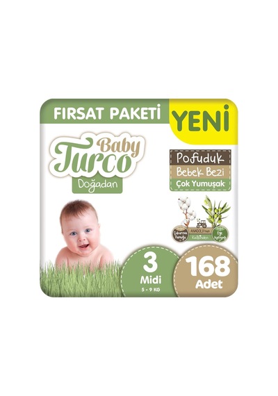 Baby Turco Doğadan 3 Beden Pofuduk Bebek Bezi Fırsat Paketi 42x4 168 Adet 3 Numara