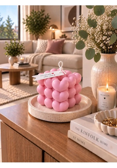 Mumelia Kalp Küplü Bubble Doğal Soya Blok Dekoratif Mum - Pembe