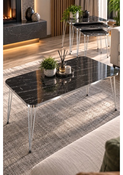 Sulorahome Siyah 4'lü Sehpa Seti Gümüş Metal Ayaklı