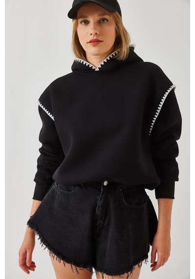 Shade Kadın Kapişonlu Dantel Detaylı Sweatshirt 60601028 - Siyah