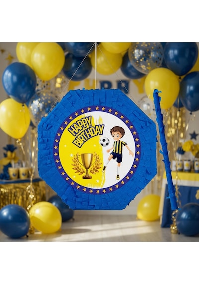 Pinyata Sarı Lacivert Sopalı 42 Cm Doğum Günü Parti Oyunu Seti Çok Renkli