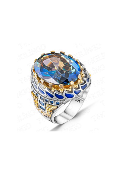 Takılingo 925 Ayar Gümüş Mavi Topaz Taşlı Zirkon Taş Detaylı Erkek Yüzük Gümüş