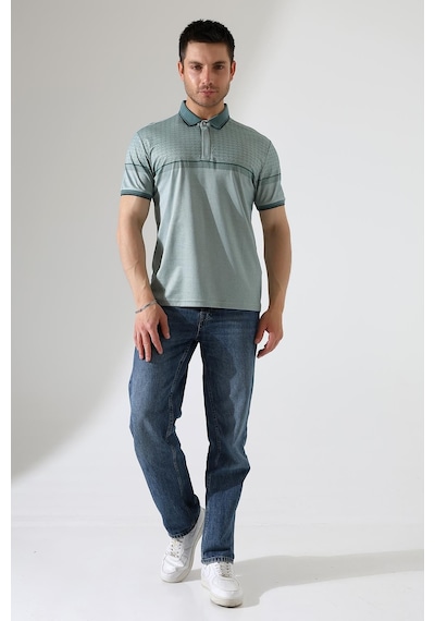 Rıbana Classıc Fermuar Detaylı Desenli Pamuklu Polo Yaka T-shirt Yeşil