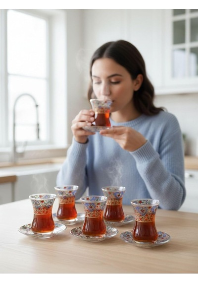 Topkapı 6 Kişilik Çay Seti, French Press Hediyeli, 9 Farklı Osmanlı Desenli Çay Bardağı Takımı 6, Topkapı Kır Diğer