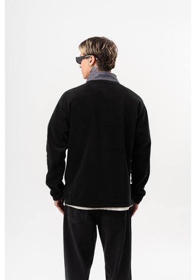 Respire Erkek Düğme Detaylı Oversize Polar Sweatshirt Siyah