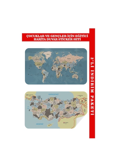 Eğitici - Öğretici Dünya Ve Türkiye Haritası Çocuk Odası Duvar Sticker-60x105-3889 Çok Renkli