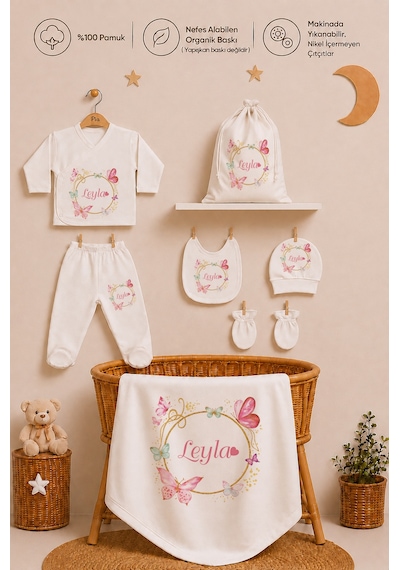 Pia Baby Kız Bebek Hastane Çıkışı Hediye Seti 8 Parça Zıbın Set %100 Pamuk Battaniye Yastık Ve Kese 1077zybk0x Krem
