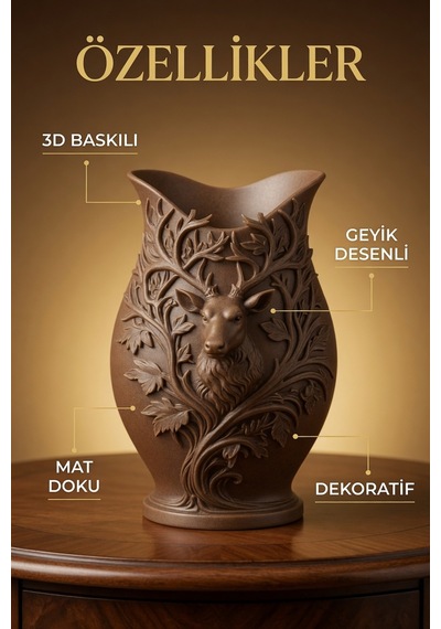 3d Baskılı Geyik Desenli Dekoratif Vazo 15 Cm Kahverengi