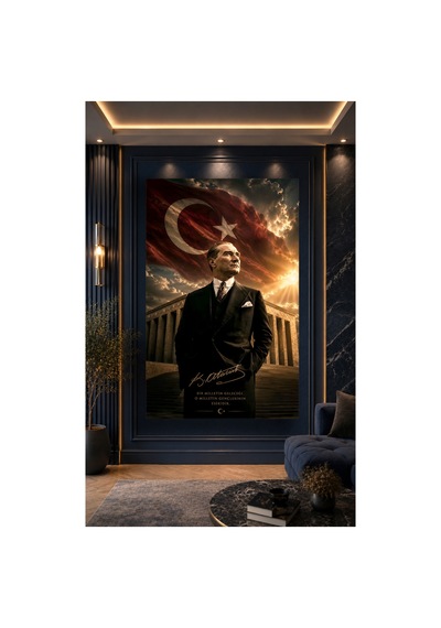Mustafa Kemal Atatürk Türk Bayrağı Ve Cam Tablo Sanatsal Duvar Dekoru Canlı Renkli Baskı Salon Ve Oturma Odası Sevdiklerinize Hediyelik