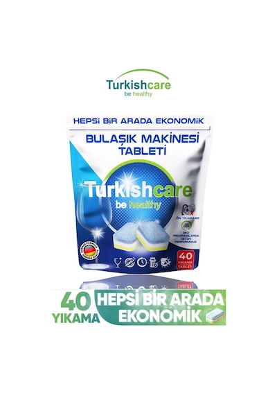 Turkishcare Hepsi Bir Arada Ekonomik Bulaşık Deterjanı Premium Tablet 40 Tablet