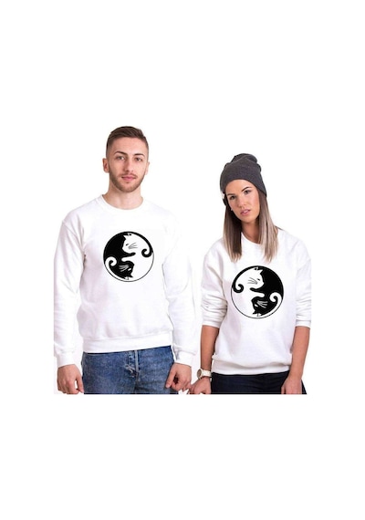 Tshirthane Cat Yingyang Sevgili Kombinleri Unisex Sweatshirt Kırık Beyaz