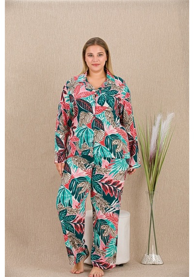 E-bulurum Büyük Beden Renkli Yaprak Desenli Düğmeli Uzun Kol Viskon Pijama Takımı Görsel