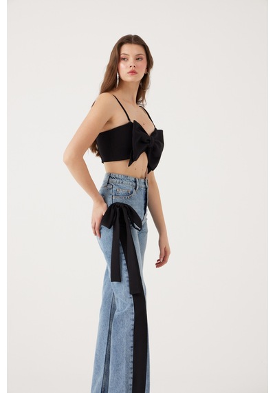 Holly Lolly Yüksek Bel Kurdele Detaylı Wide Leg Kyla Jean Pantolon Siyah