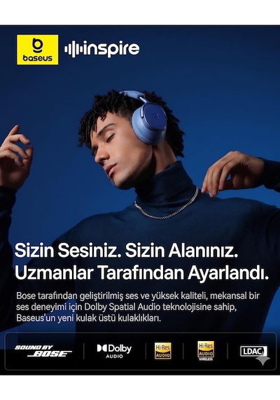 Inspire Sound By Bose Xh1 Anc 100 Saat Çalma Süresi 4 Mikrofon Bt6.0 Kablosuz Kulak Üstü Kulaklık, Mavi