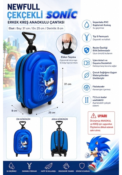 Newfull Çekçekli Sonic Erkek Anaokul Sırt Çantası-mavi