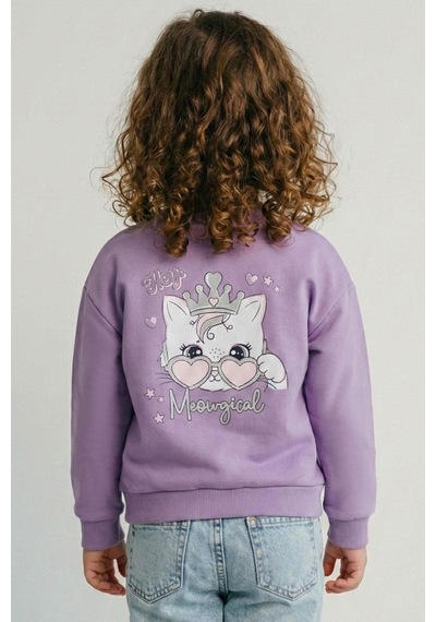 Breeze Kız Çocuk Sweatshirt Minik Taçlı Kedi Prenses Baskılı Sırt Baskı Detaylı 1.5-5 Yaş, Lila Lila