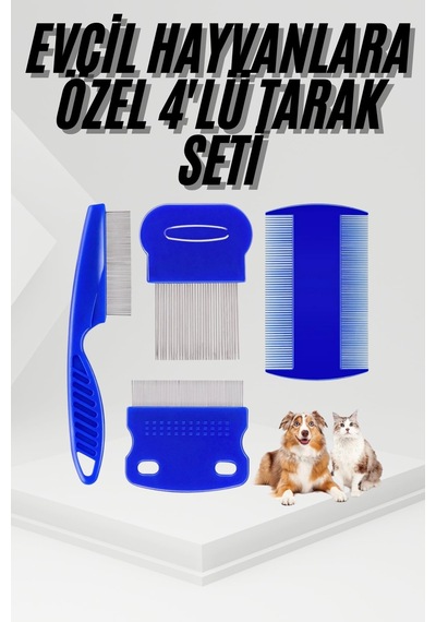 4'lü Bit Pire Tarağı Set Kedi Köpek Evcil Hayvan Tüy Toplayıcı Mavi
