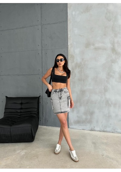 Zeo Basic Kargo Cep Detaylı Grey Ice Wash Mini Denim Etek Gri