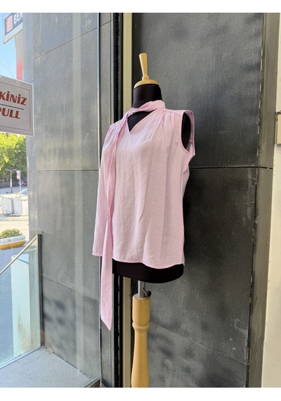 Pera Moda Sıfır Kol Fularlı Modal Yazlık Kadın Gömleği Pembe