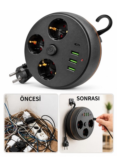Akım Korumalı Makaralı Priz 2 Metre Kablo 3x Usb Çıkışı 1x Typ-c 3x Priz Açma Kapama Düğmesi 100-250v Ev Ofis