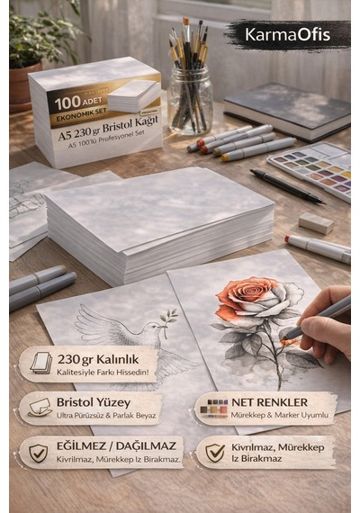 A5 230 Gr Bristol Kağıt 100 Adet Kalın, Pürüzsüz, Marker & Teknik Çizim