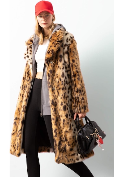 DeFacto Relax Fit Leopar Desenli Ceket Yaka Cepli Uzun Suni Kürk Kaban D4005AX24WNBN561 Kahve