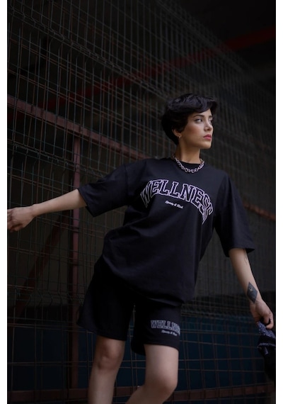 Welness T-shirt Şort - Siyah Alt Üst Kombin Şort Tişört Takım Baskılı Oversize Bisiklet Yaka Siyah