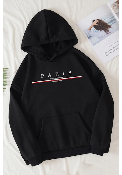 Uyguntarz Paris Baskılı Pamuklu Oversize Sweatshirt siyah