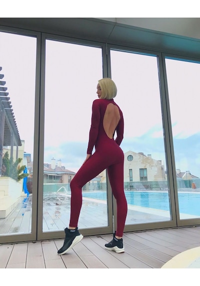 Lismina Bordo Uzun Kollu Sırt Dekolteli Spor Tayt Tulum