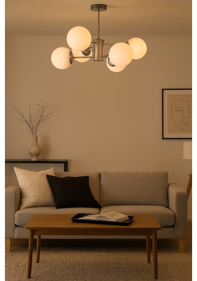 Seul Modern Tasarım Salon Yemek Odası Mutfak Gri Renk Beyaz Camlı Sarkıt 6 Lı Avize Gri Beyaz Gri Beyaz