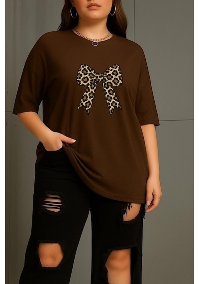 Büyük Leopar Desenli Klurdela Baskılı Unisex Tişört Kahverengi